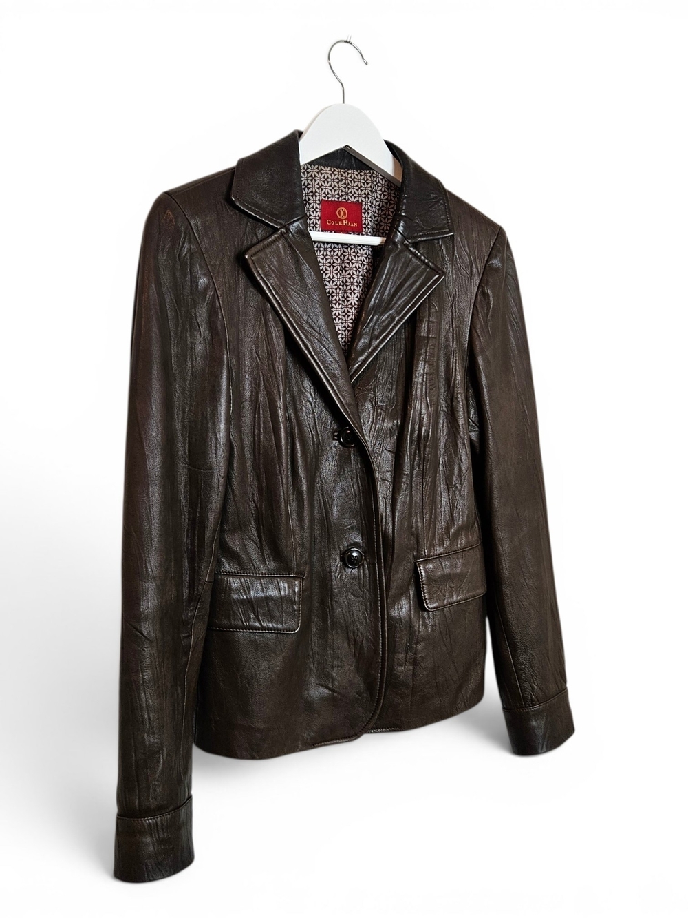Vintage Cole Haan Blazer Size 4 Lambskin Leather Tailored Quiet Luxury Brown 90s